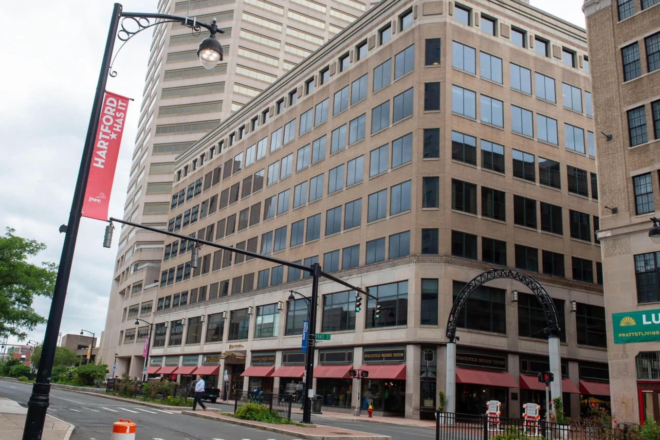 The office building at 242 Trumbull Street forms much of the north side of Pratt Street. The building has been acquired and upper floors of office space are targeted for conversion to housing (Aaron Flaum/Hartford Courant)
